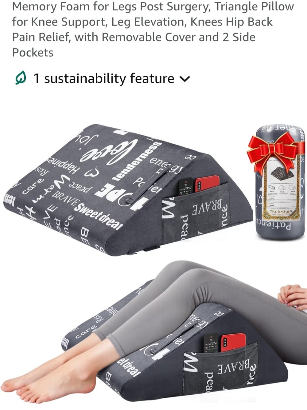 Gray Printed Memory Foam Knee Support Pillow with Side Pocket
